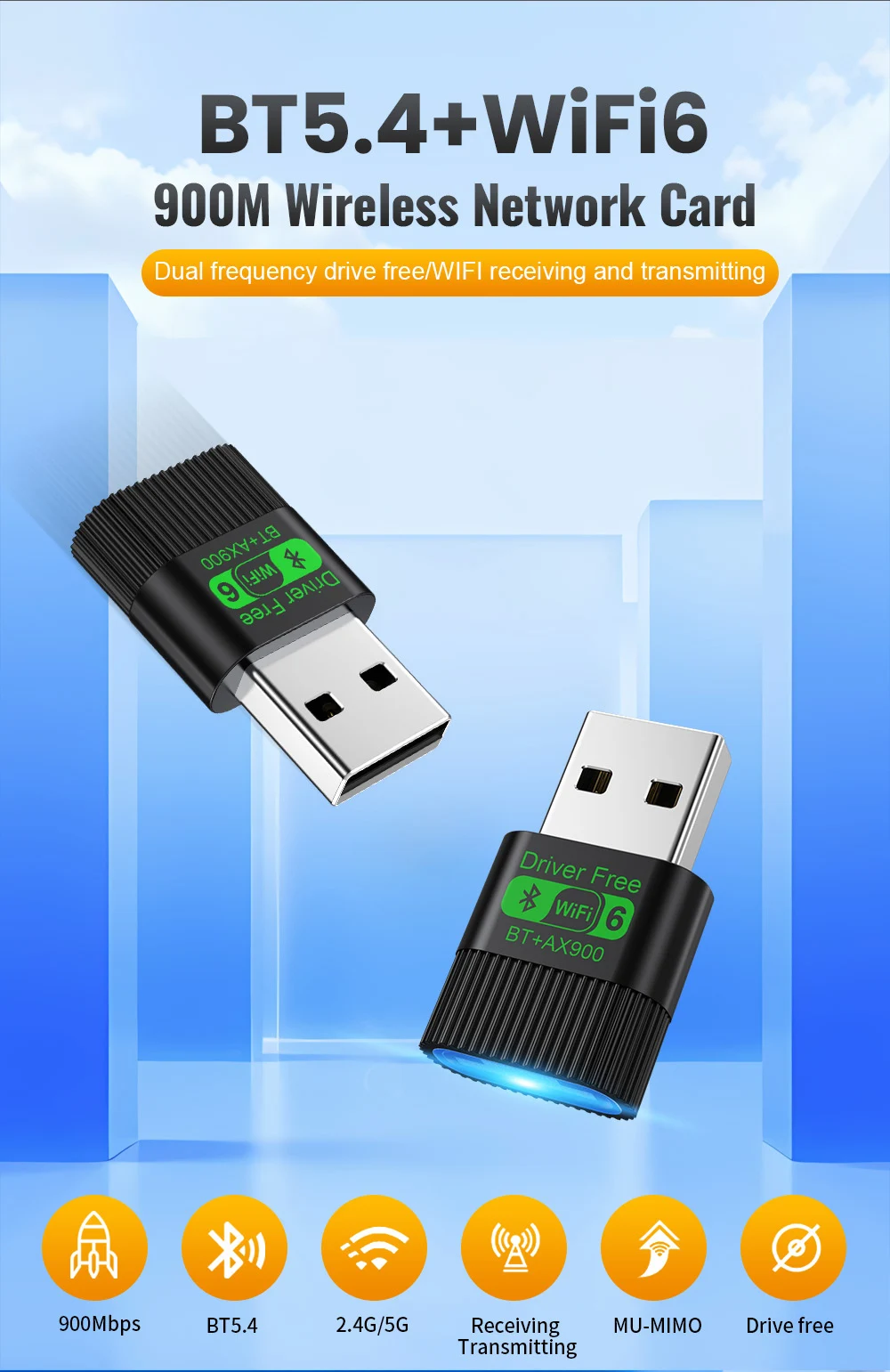 Kebidu WiFi 6 AX900 Bluetooth 5.4 USB-Adapter Drahtlose Netzwerkkarte 2,4G&5GHz Wi-Fi-Empfänger Treiberfrei für PC/Laptop Win10/11 – Detail 1
