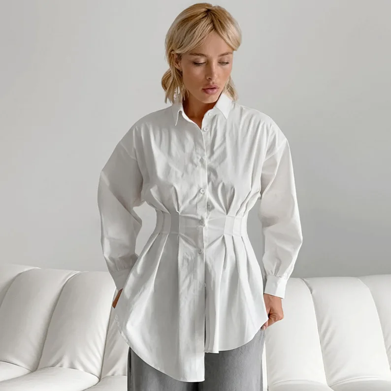 

Fashion White Pleated Buttons Shirt Women Lapel Single Breast Slim Waist Commute Blousers 2026 Spring Office Lady All Match Tops