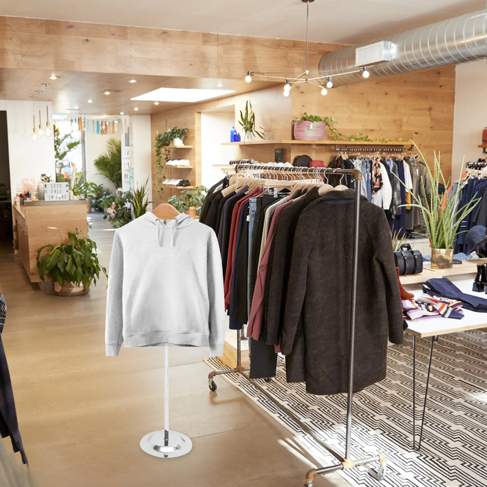 

Adjustable T Shirt Display Clothes Rack Stainless Steel Wooden Base T Shape Shirt Holder Flexible Clothing Display Stand