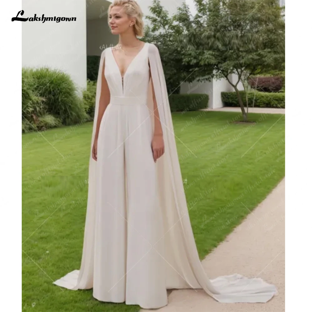 Lakshmigown Customized Ivory Jumpsuit Wedding Dress with Cape Pants Suit V Neck Sexy Bride Dress With Pants Outfits