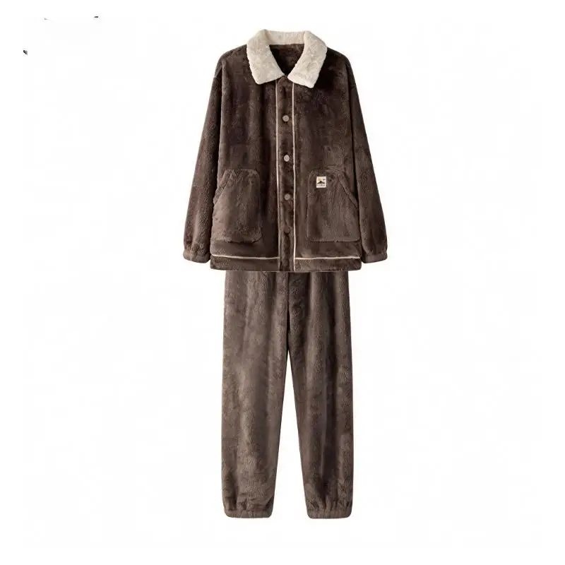 Men 2Pcs Velvet Shirt&pants Pajamas Set Long Sleeve Home Wear Loose Lapel Loungewear Outdoors Warm Winter Home Clothes Nightie