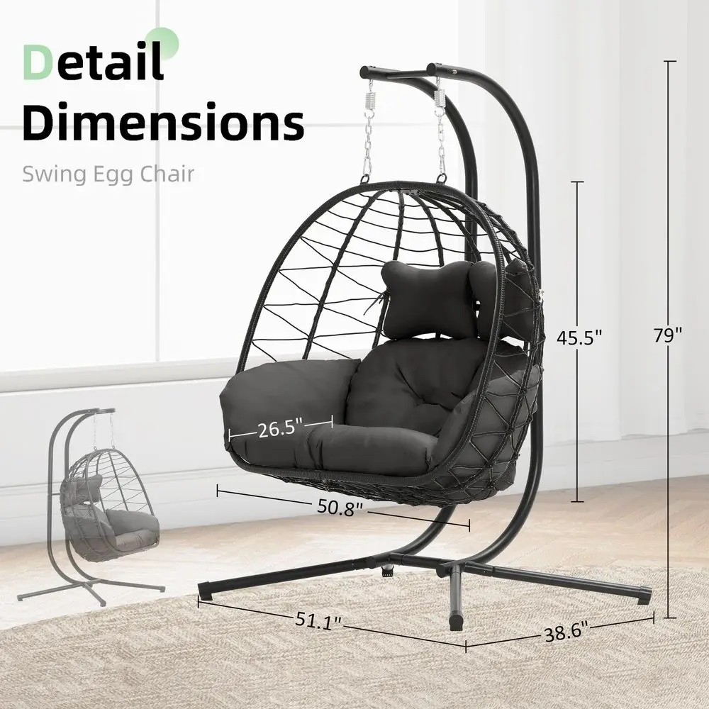 

Egg Chair with Stand Hammock Swing Chair Foldable Hanging Loveseat, UV Resistant Removable Cushions, 700LBS Capacity for Bedroo