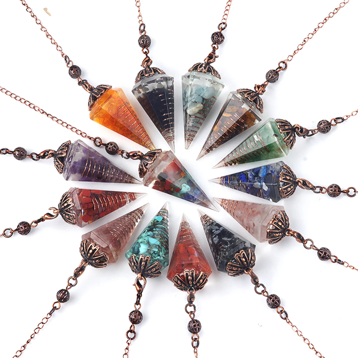 

5 PCS Natural Crystal Agate Crushed Stone Resin Hexagonal Cone Spiritual Healing Pendulum Amulet Divination Spiritual Pendulos