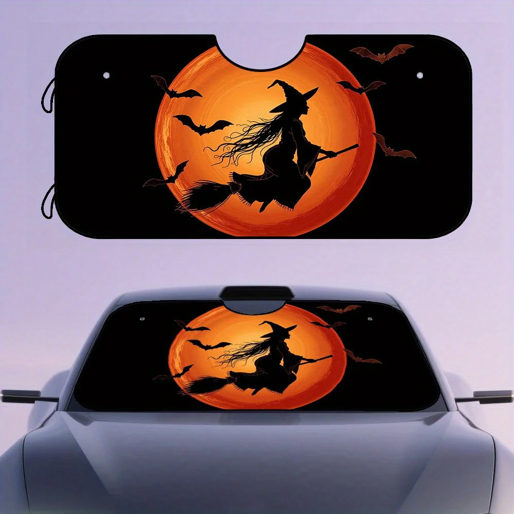 

1pc, Front Car Windshield Sunshade With Foldable Construction And Creative Halloween Halloween Witch Silhouette Moon Print, Perf