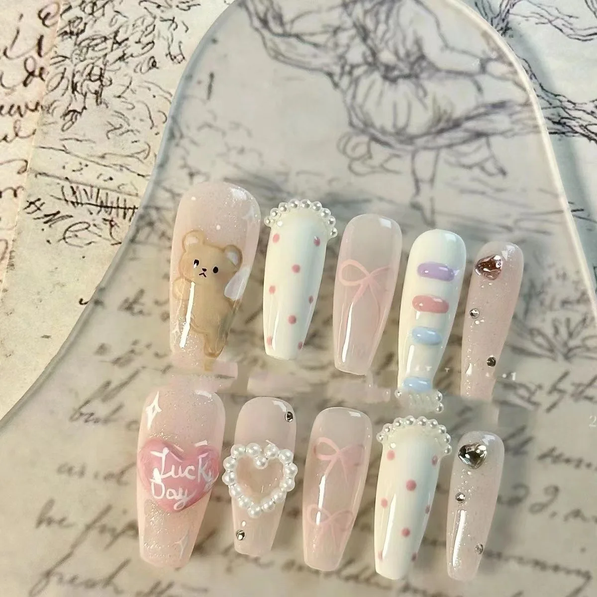 10 Uds. De uñas postizas francesas hechas a mano de color rosa brillante con lazo 3D, bonitas uñas postizas de ataúd medio, manicura de uñas Ins usable