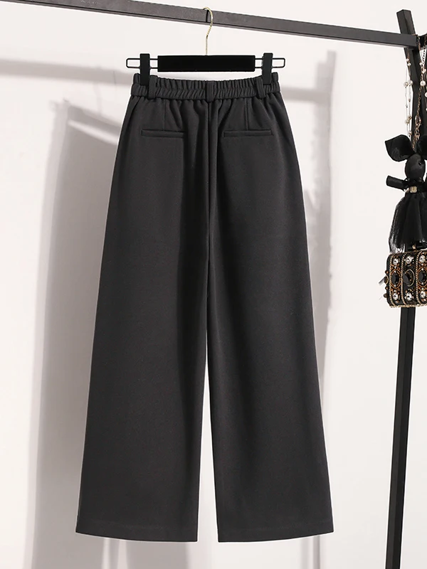 Women's High Waist Thiened Woolen Wide Leg Pants Nine Points Pure Color Slimming Small Size Casual Trousers
