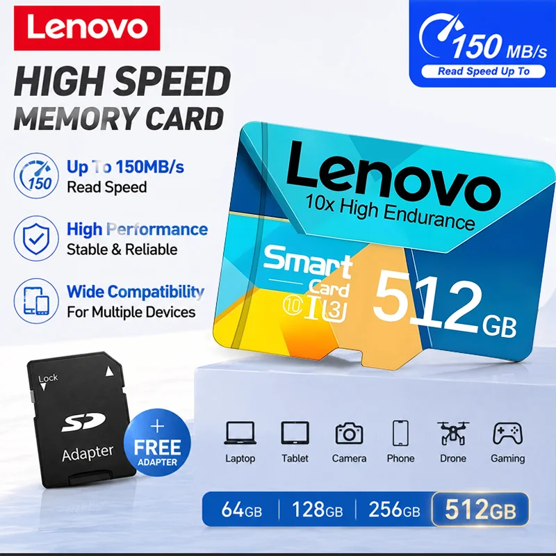 Lenovo High-Speed Micro SD Card 1TB 512GB Support 4K Ultra HD 128GB 64GB 256GB Flash Memory for Drone Phone Security Camera CCTV
