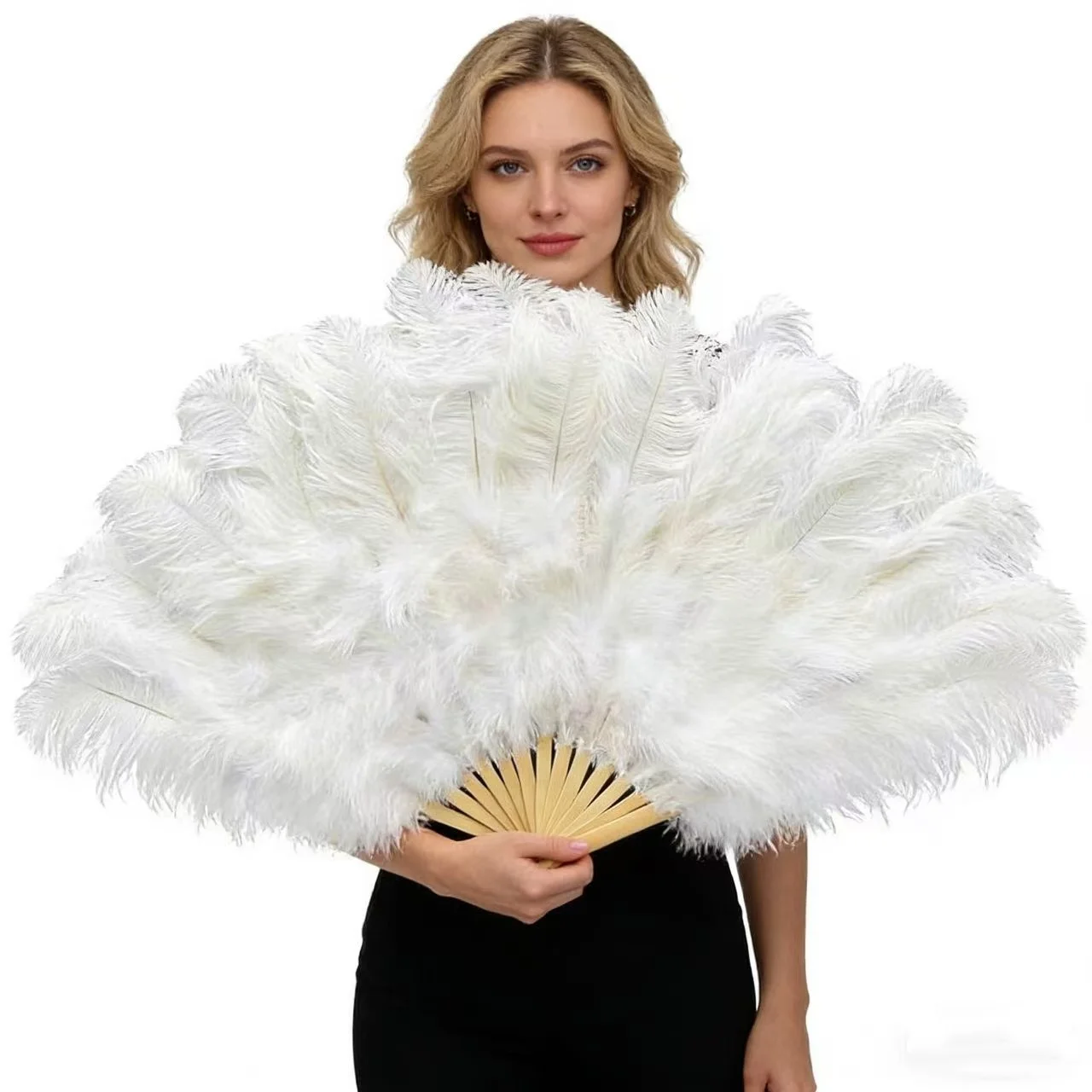 13Bone White Big Hand Feather Fan Ostrich Plumas for Dancer Show Stage Performances Decor Folding Crafts Fan ostrich Feather