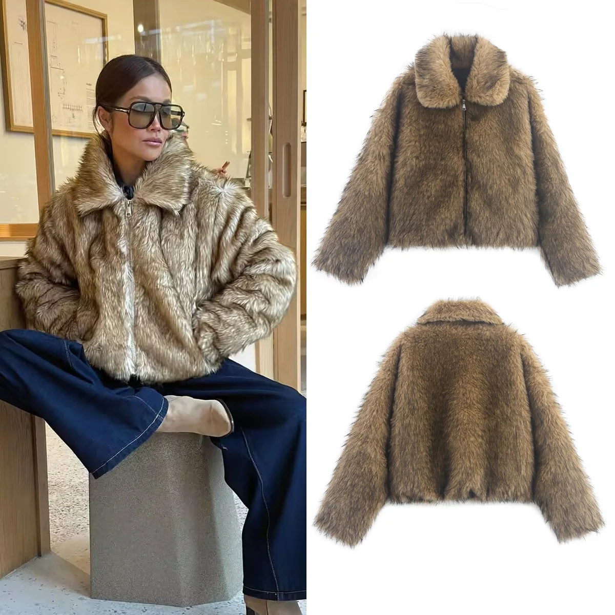 

Winter Gradient Faux Fur Jacket Coat Full Sleeve Furry Women Big Lapel Furry Coat Loose Zipper Short Jacket Outerwear