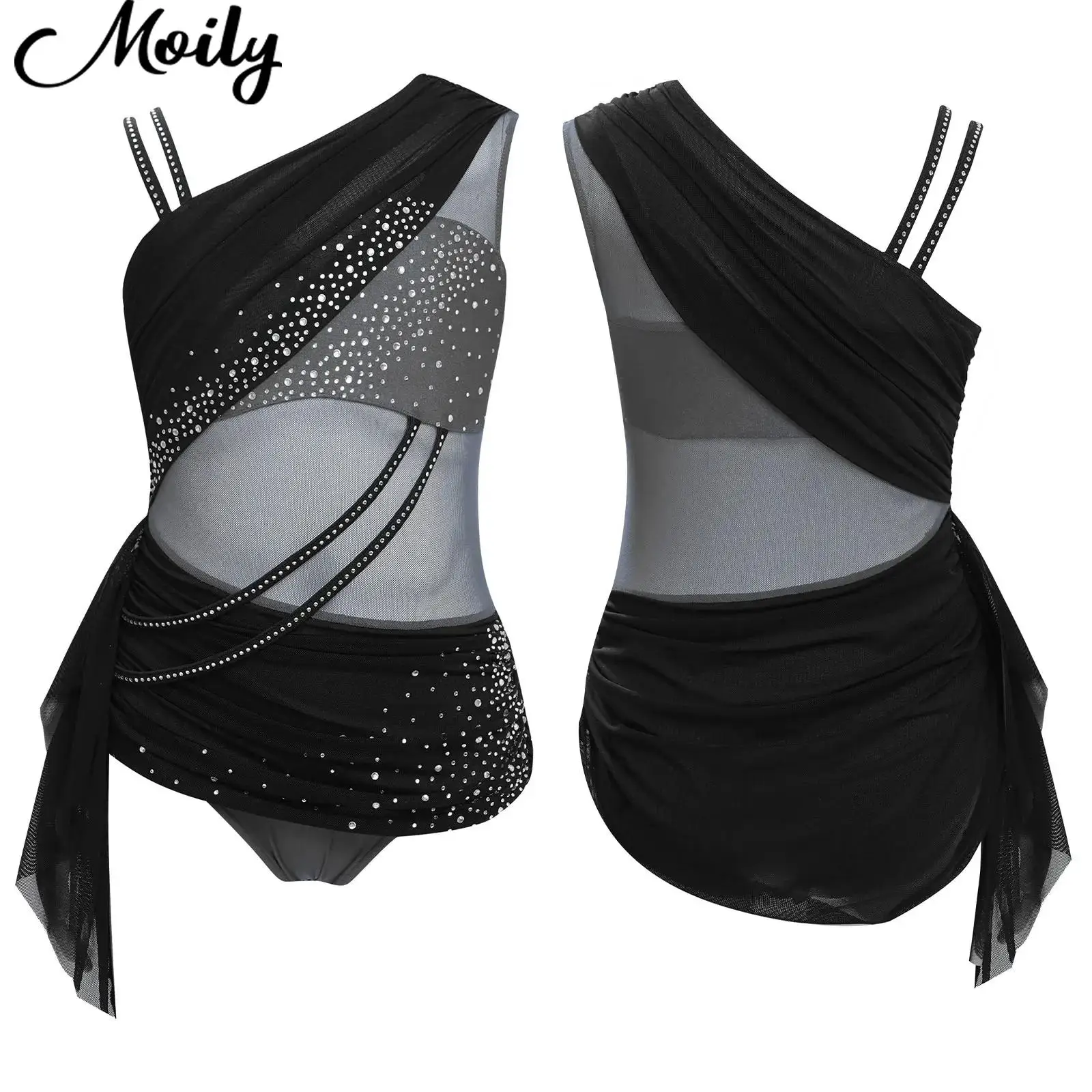 

Children Girls Ballet Lyrical Modern Dress Asymmetrical Rhinestones Mesh Leotard Gymnastics Performance Skating Dance Clothes