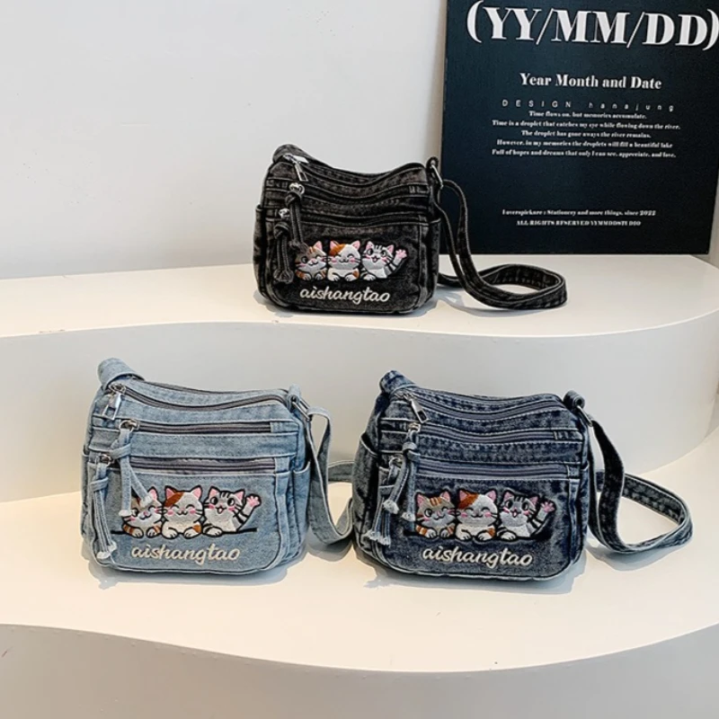 Cute Korean Style Embroidered Cat Crossbody Bag Washed Denim Phone Bag for Women Daily Styling Casual Minimalist Shoulder Bag - view 3