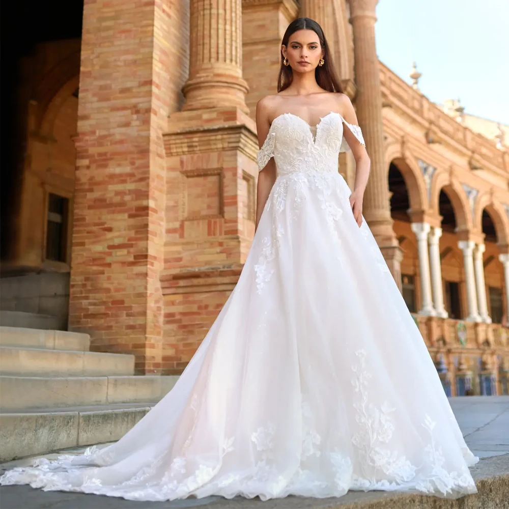 

Off Shoulder Sleeveless Wedding Dresses Applique Lace A Line Bridal Grown Customized Open Back Illusion Vestidos De Novia 2025