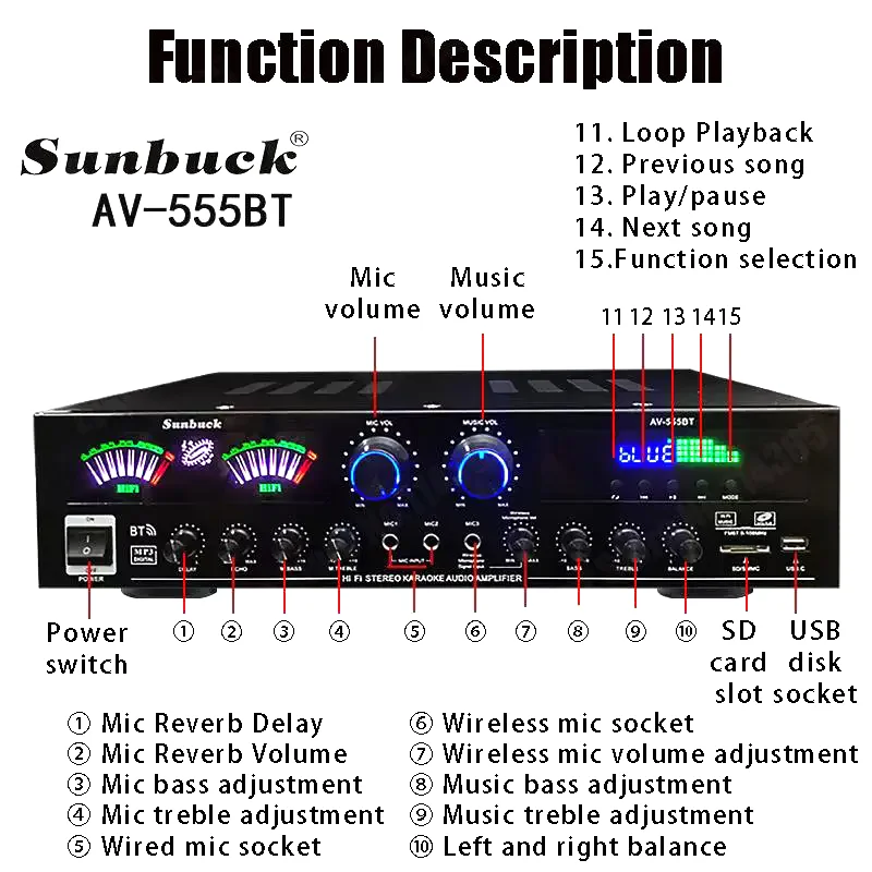 Sunbuck AV-555BT Bluetooth サウンドアンプ カラオケ HiFi Bluetooth Sound Amplifier AV-555BT Dual Dynamic Screen