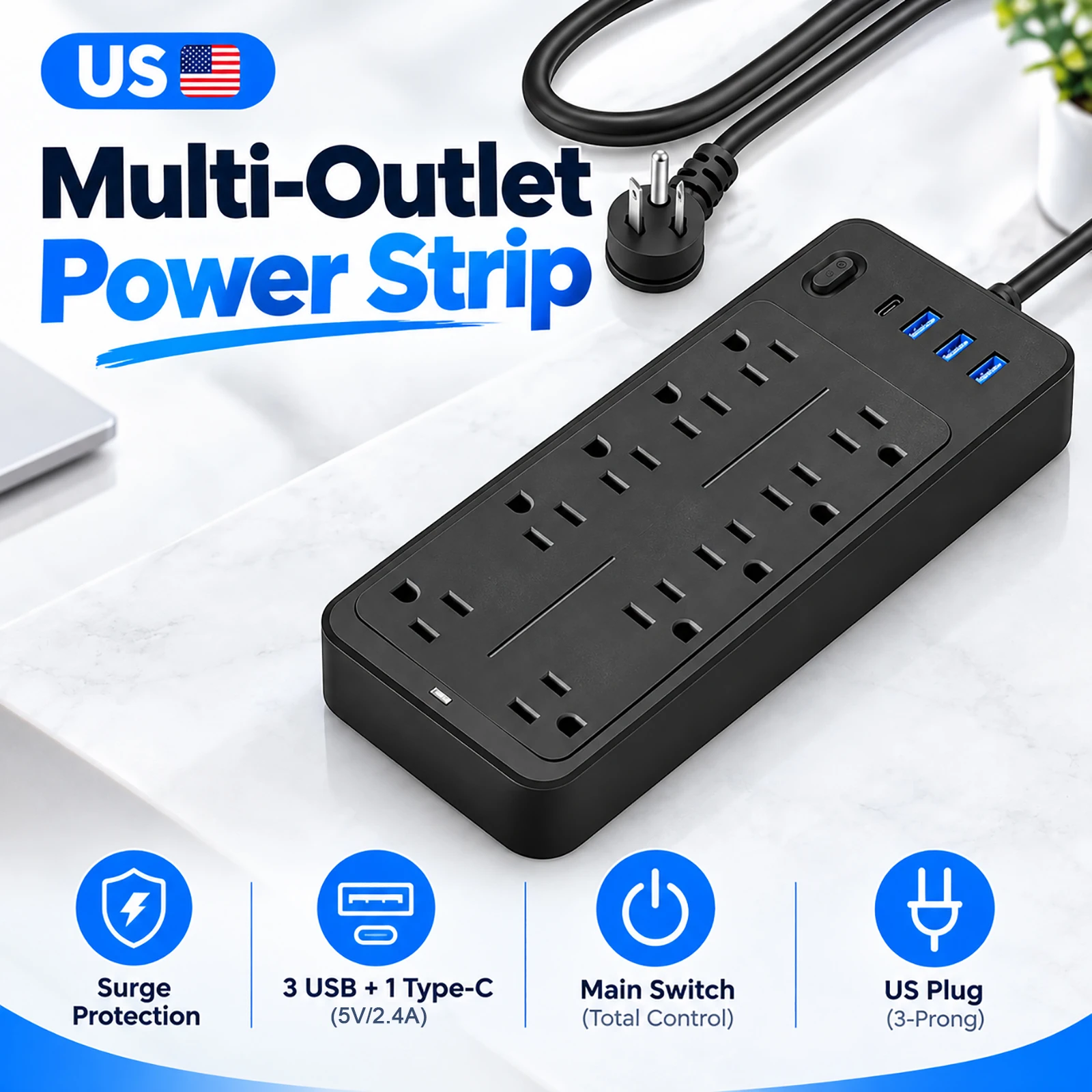 Surge Protector Power Strip US 3‑Prong Plug 10 AC Outlets with 3 USB 1 Type‑C Port Extension Socket for Home Dorm Office