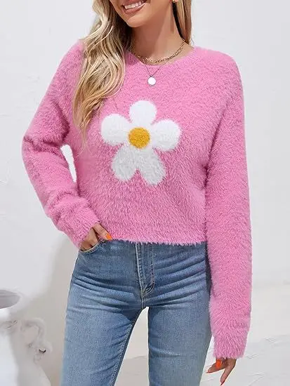 Autunno e inverno delle donne peluche fiore margherita zucca modello Pullover a maniche lunghe aperto ombelico maglione lavorato a maglia Fit, Sexy