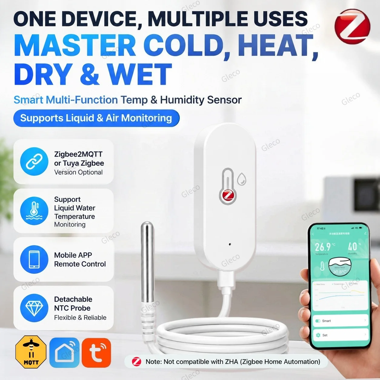 Zigbee Temperature Humidity Sensor With External Probe Thermometer Smart Life TUYA 2MQTT Remote Monitor For Plants Aquarium Pool