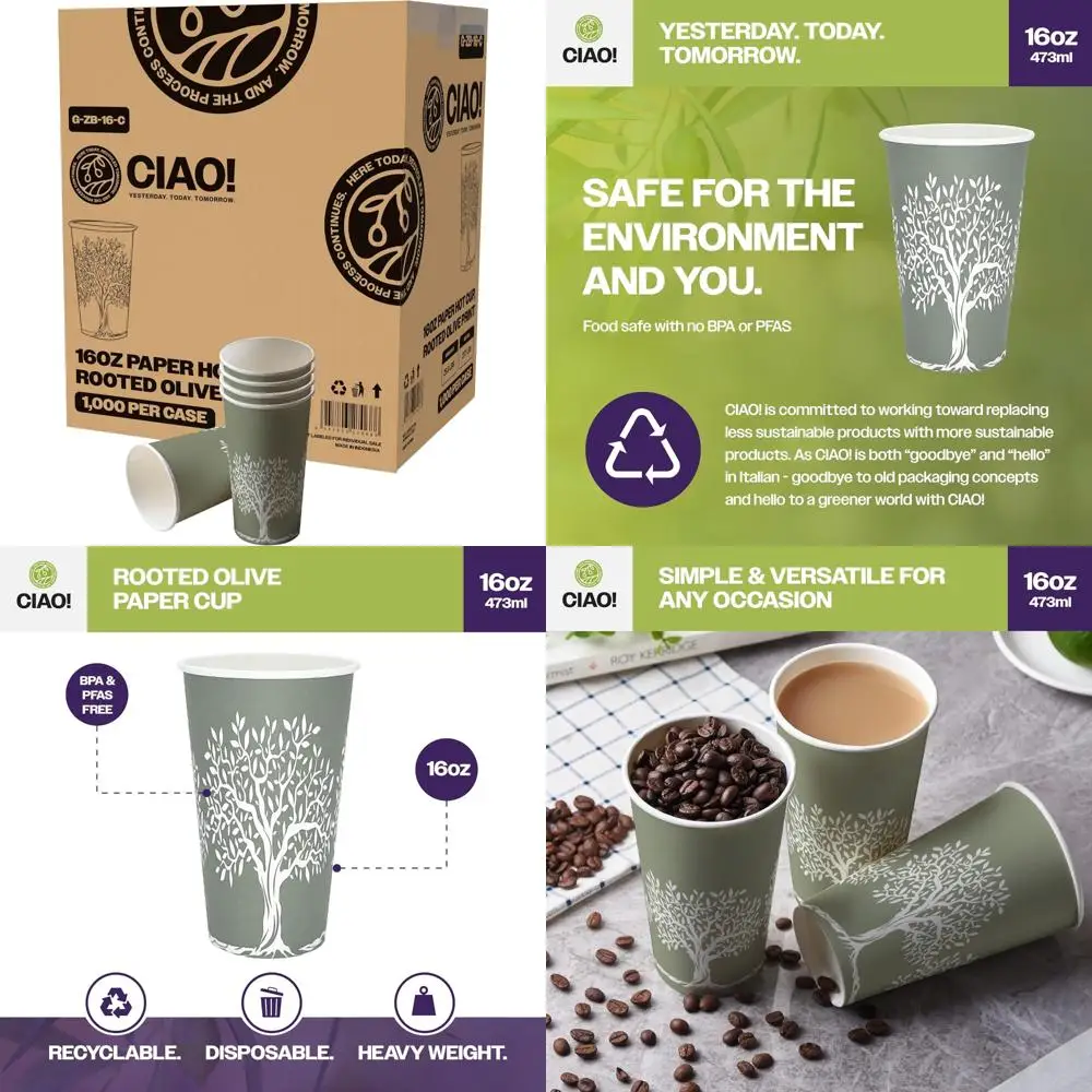 

16oz Paper Hot Cups Rooted Olive Print Case of 1000 for Coffee Beverage Service