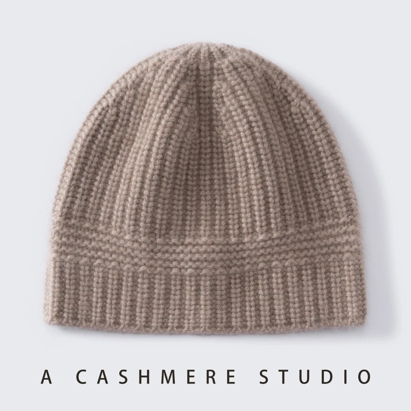 A-grade 100% Cashmere Knitted Hat Outdoor Solid Color Striped soft Warm Cashmere Hat For Men And Women in Autumn And Winter.