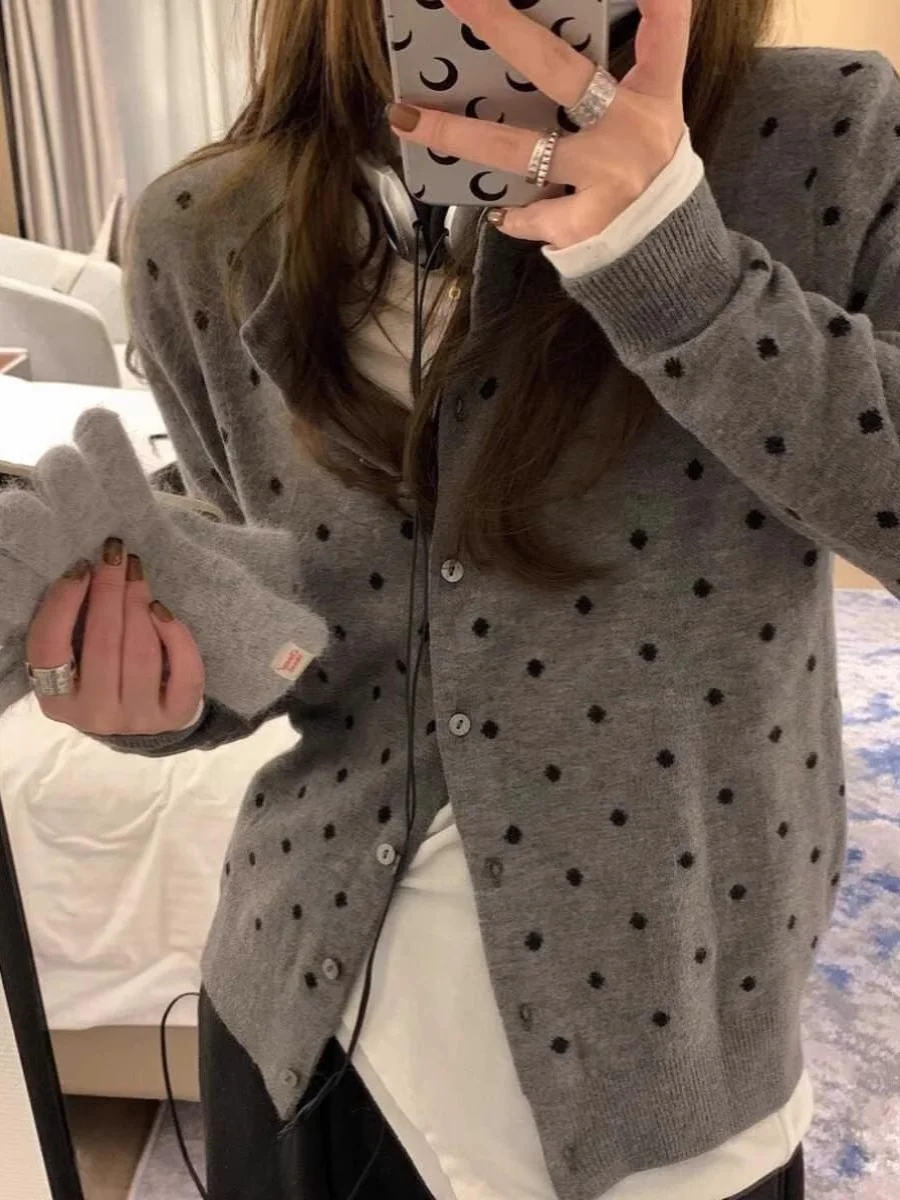 Korean Series Gray Polka Dot Knit cardigan Women Autumn 2024 New Stacked Design Sense  Slimming Long sleeve Top