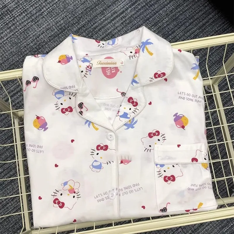 White Hello Kitty Pure Cotton Pajamas for Girls Spring and Autumn Long-sleeved Trousers Cartoon Cute Ins Style Home Clothes Set