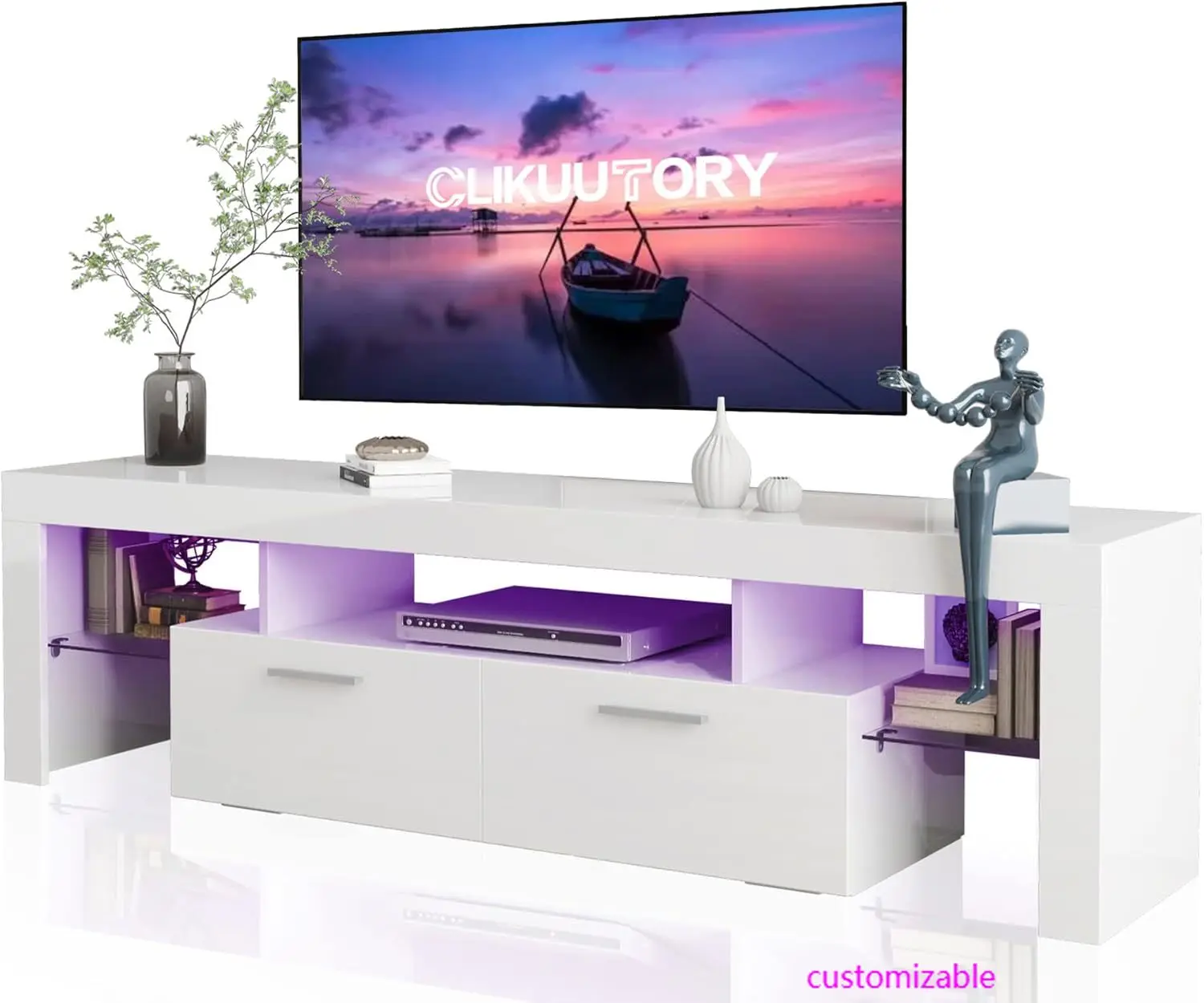 حامل تلفزيون حديث LED بطول 63 بوصة مع درج تخزين كبير لأجهزة التلفاز 50 55 60 65 70 75 بوصة، وحدة تحكم تلفزيون من الخشب الأبيض، أبيض، مخصص