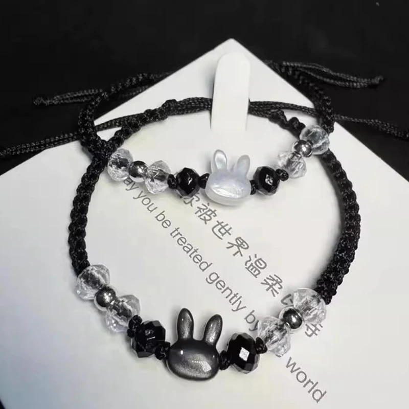 2025 اليدوية حبل أسود سوار عشاق الأصدقاء الطبيعية Moonstone أرنب سحر قابل للتعديل أساور حزب زوجين مجوهرات هدايا #4