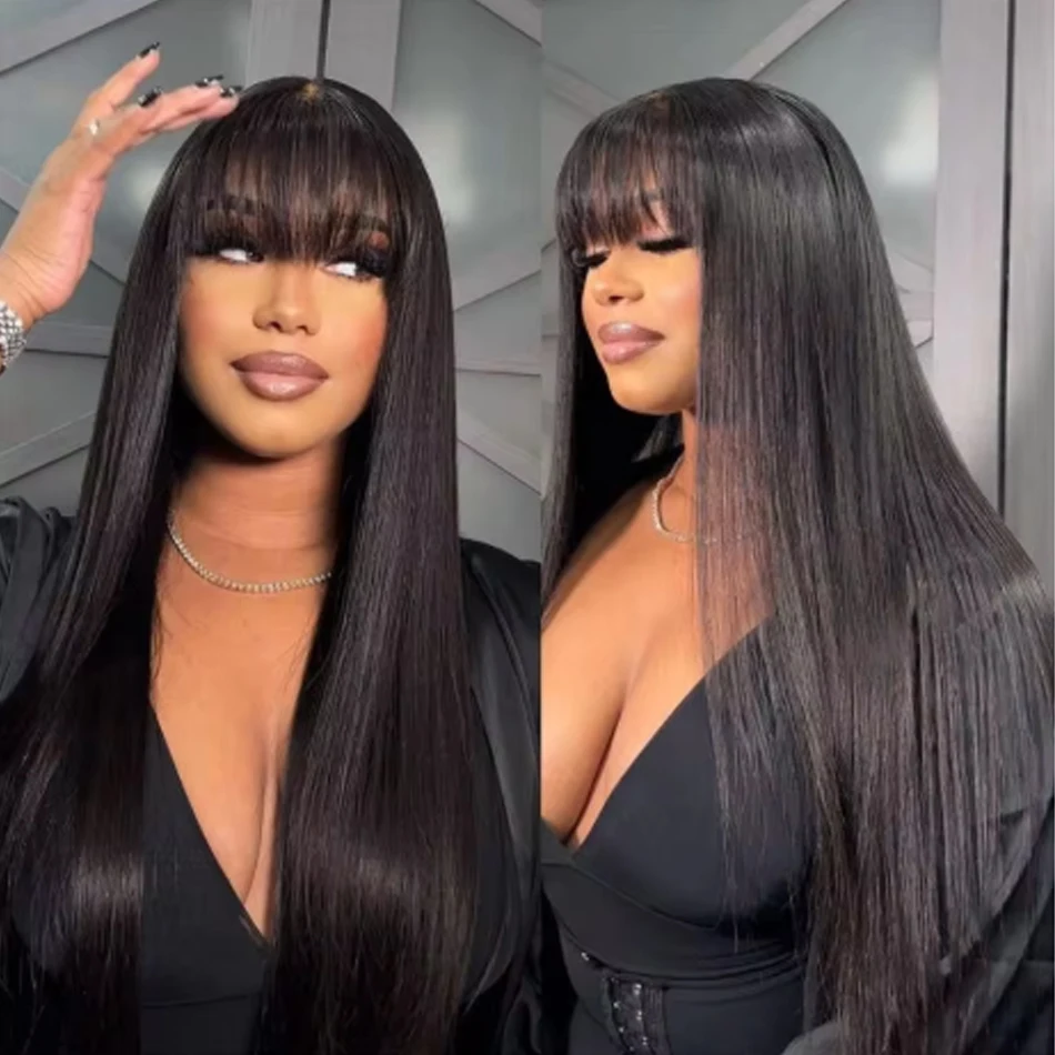 Natural Black Bone Straight Human Hair Wig With Bangs 30Inch Glueless Brazilian 3x1 Lace Wigs Full Machine Made Wig