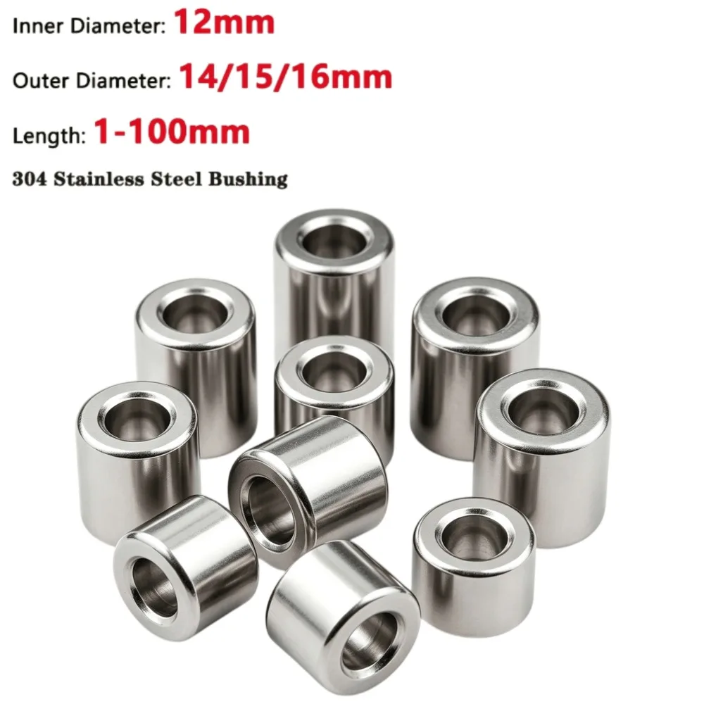 304 Stainless Steel Bushing ID12mm OD14/15/16mm Round Hollow Sleeve Unthreaded Standoff Spacer Washer Gasket Length 1-100mm