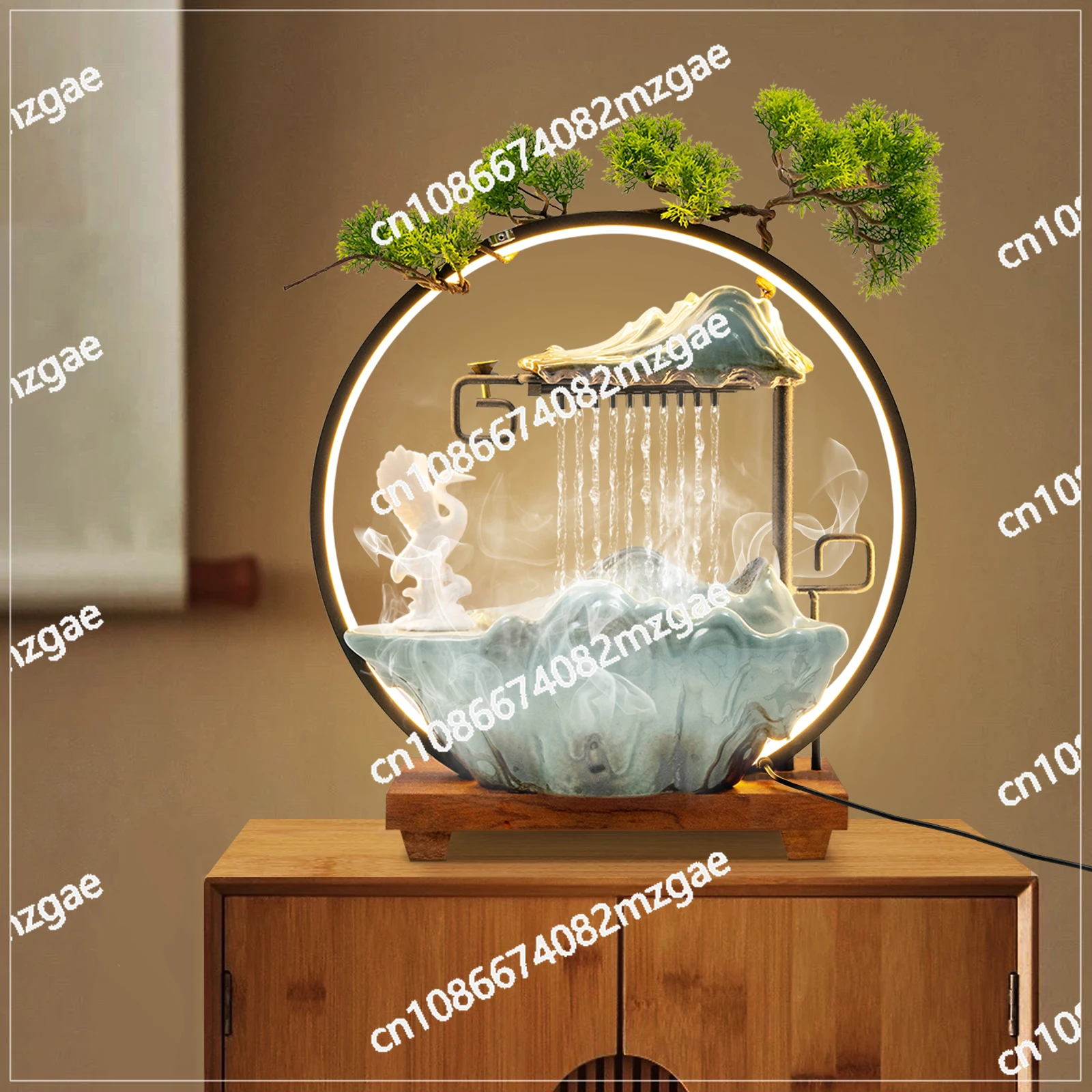 Black Manual Tabletop Water Fountain,Indoor Ceramic Waterfall with LED Light Mist Desk Fountain for Decorative Item