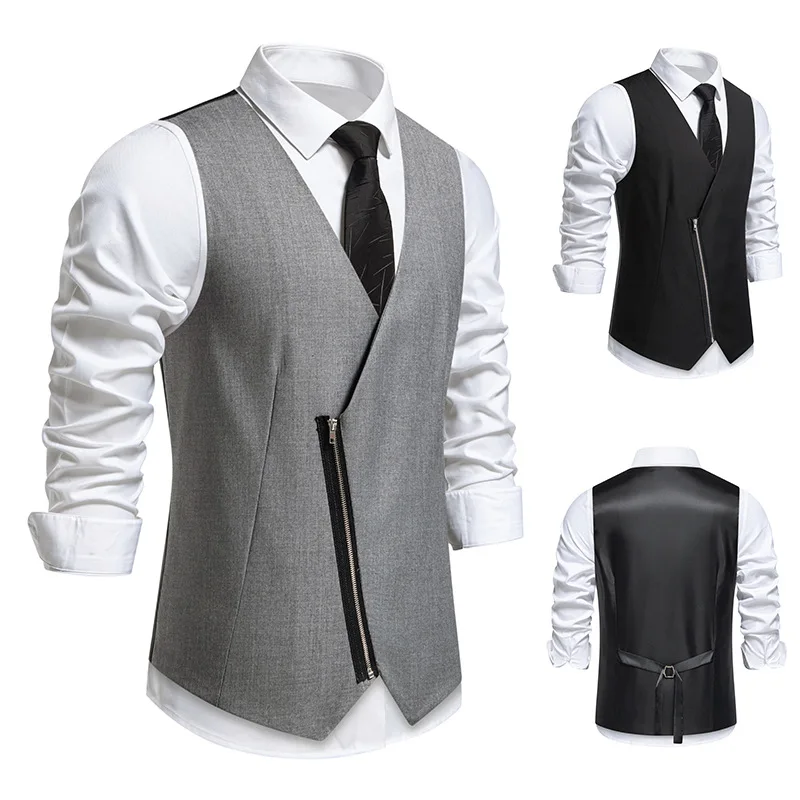 New Men's Suit Vest Wedding Party Oblique Placket Zipper Vest  Fashion Trend Men Clothing