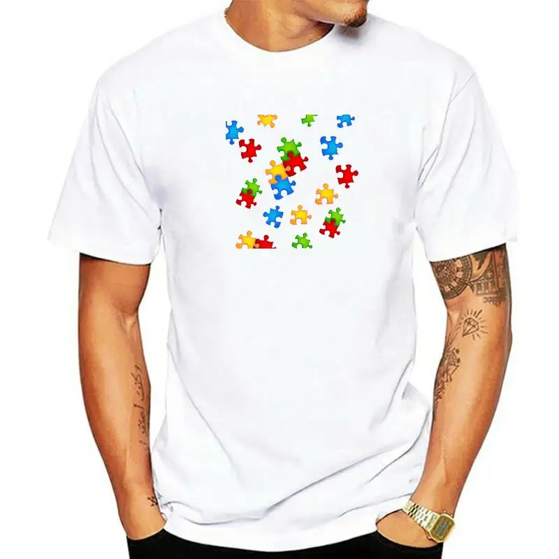 No Fade Men T-shirt 2018 Colorful Puzzle Pieces Print Male Black Tee Shirt Novelty Simple Design Teens Tops Wholesale