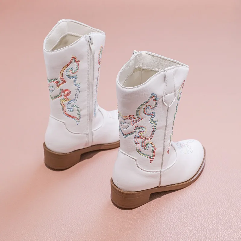 Children's Fashion Black Embroidered Cowboy Boots Western Style Mid - Calf Boot with Side Zip for Children Kids Shoes for Girls