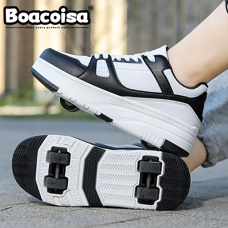 Boacoisa 4 Wheel Skate Roller Shoes Foy Boys Girls Walking Casual Outdoor Sports Slide Shrink School Students Pulleys Sneakers