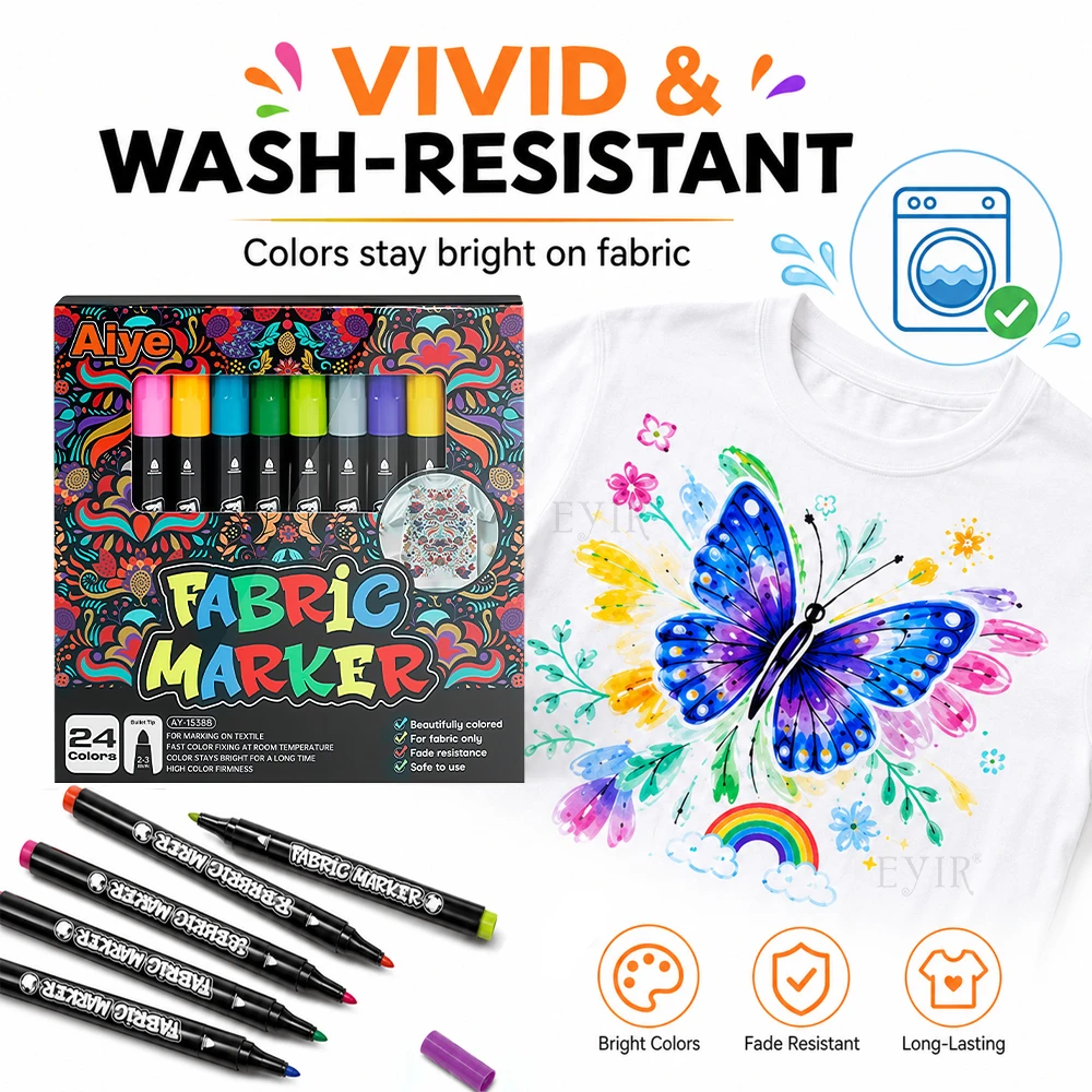 24 Colors Fabric Paint Pens with Reusable Number Templates, Textile Markers for T-Shirt Shoes Canvas DIY Art Craft Decoration