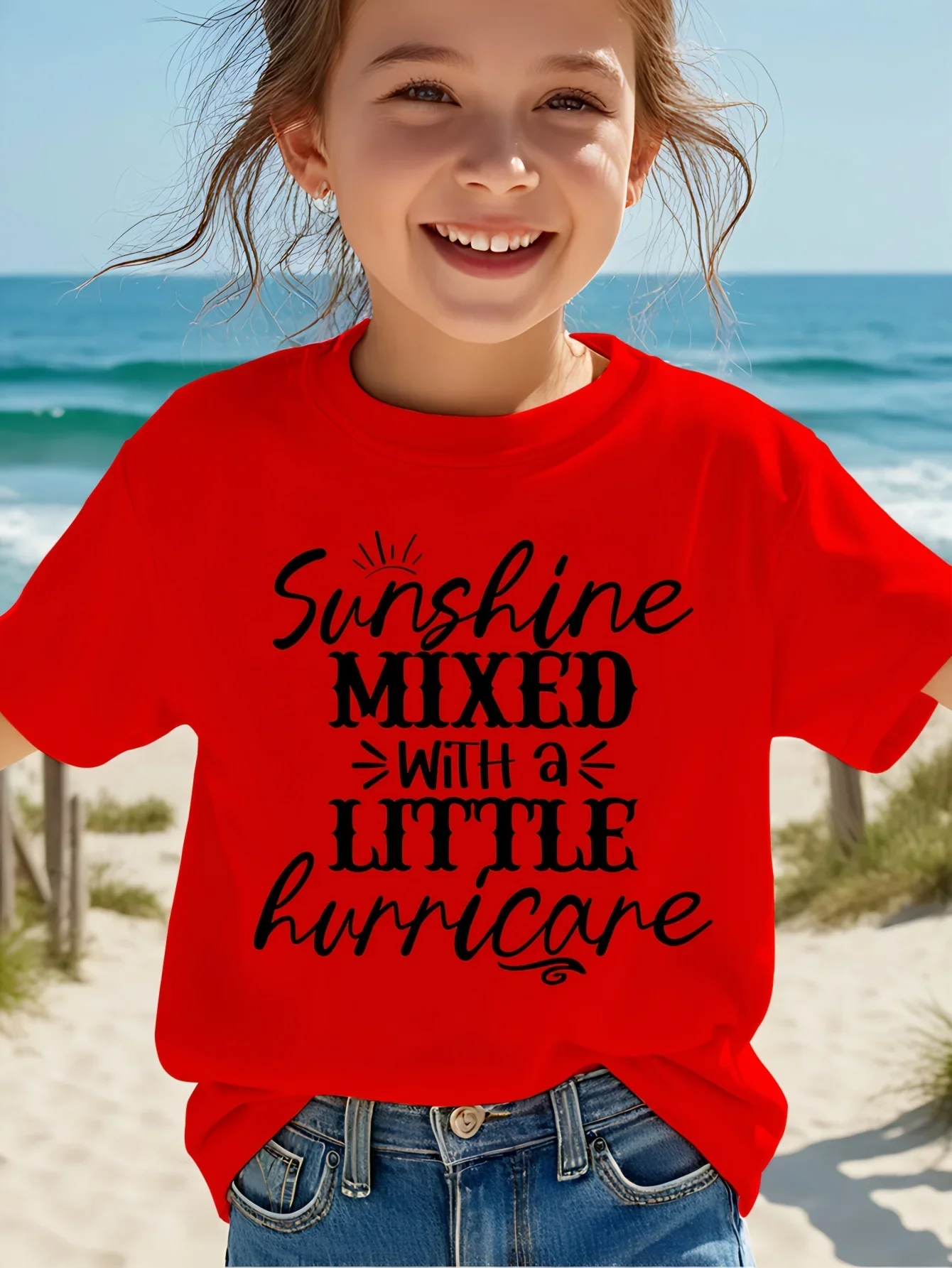 Sunshine Mixed With A Little Hurricane Text Graphic Tee For Boys And Girls Crew Neck Short Sleeve Humorous Kids T Shirt