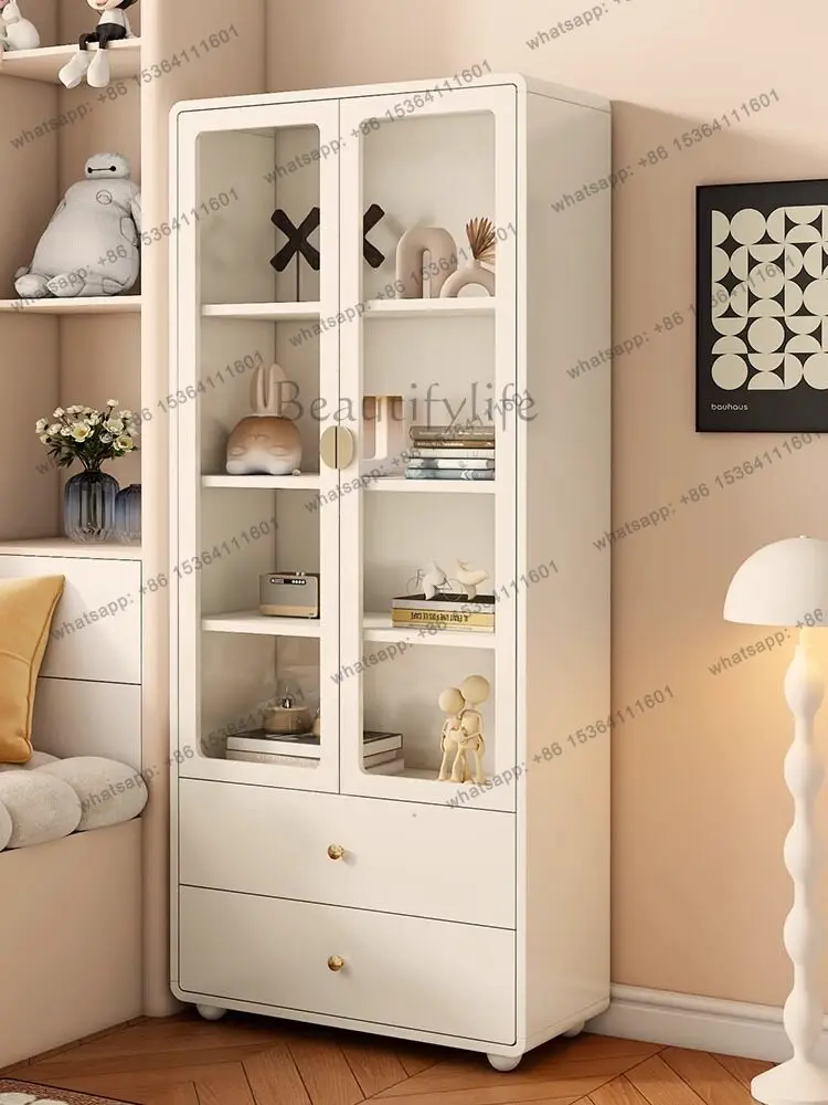 zj.White Solid Wood Cabinets With Glass Door,Luxury Wood Living Room Cabinets Decor Filing Storage Bookshelf Cabinets Display