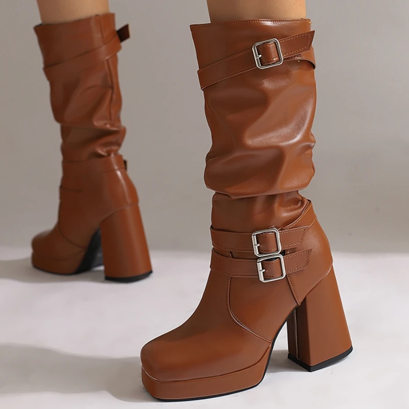 Knee High Boots Women Luxury Knight Black White Large Size High Heels Platform Slip on Buckle Ladies Soft Leather Winter Shoes