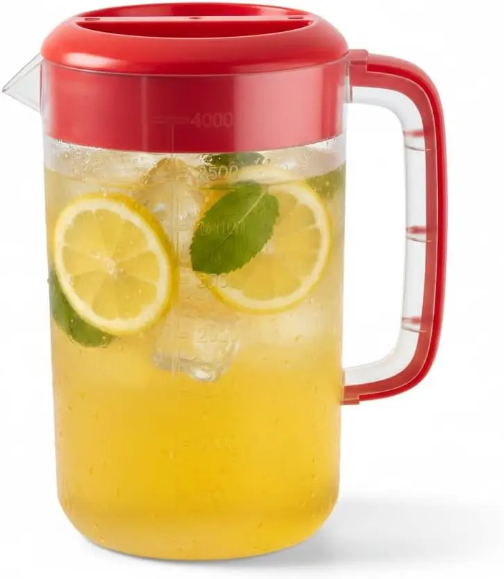 Commercial Beverage Pitcher, 4 Pack, 1 Gallon, Red Polypropylene Drink Container with Lid and Handle, Easy Pour Design for Water, Juice, Tea, Lemonade and Cold Beverages, Durable