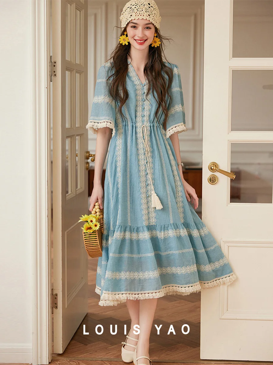 

LOUIS YAO V-neck Embroidered Bohemian Style Dress 2025 Summer Ethnic Skirt with Tassel Decoration Blue Retro Women's Dress
