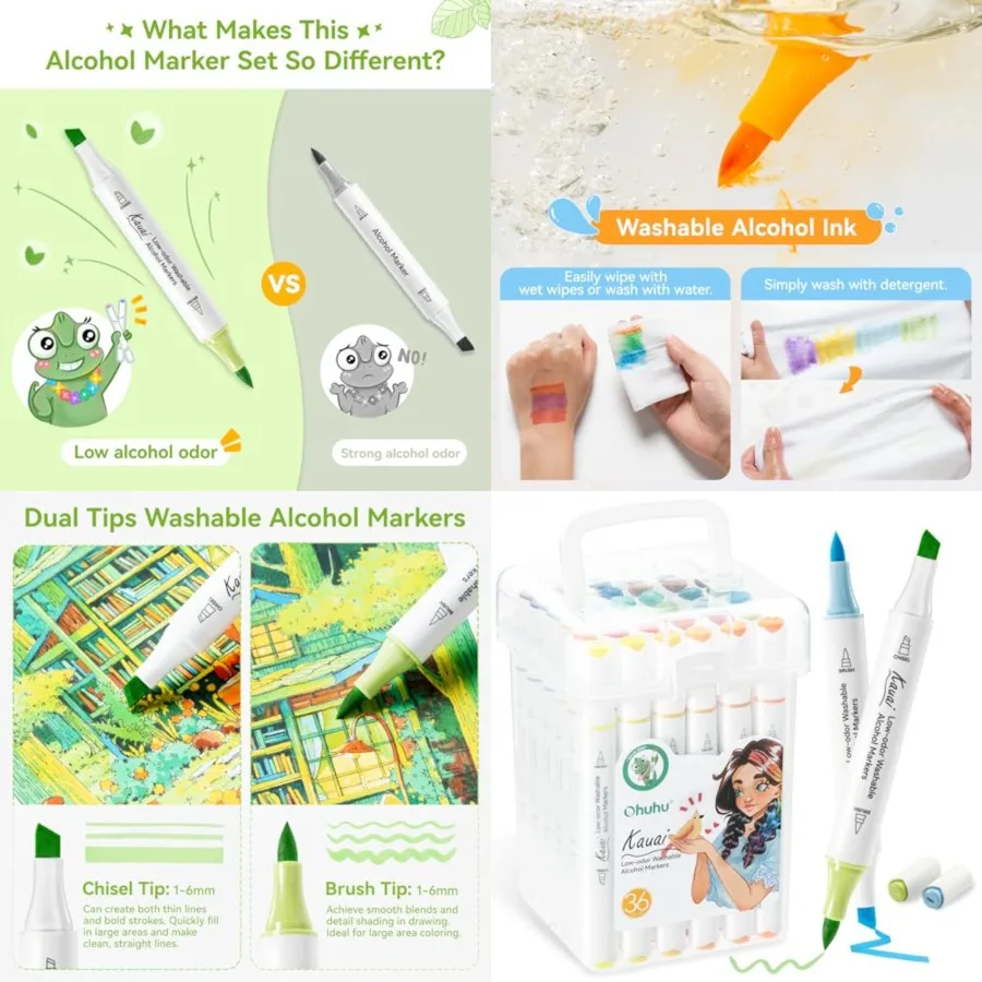 

Моющиеся спиртовые маркеры Ohuhu с низким запахом: долото-кисть, двойные наконечники, моющиеся 36-цветные художественные маркеры с низким запахом для взрослых, раскраска Ill