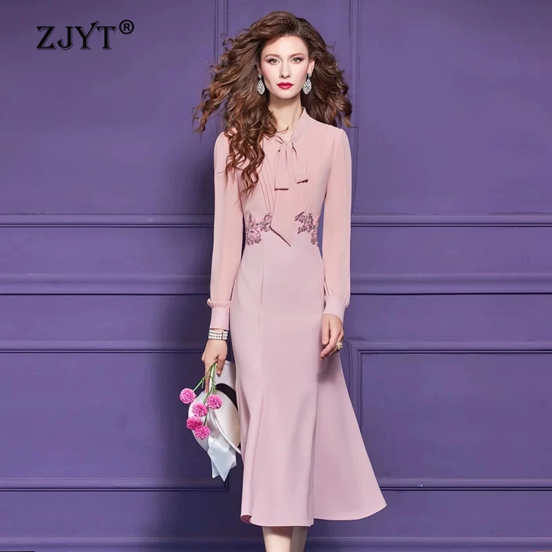 

ZJYT Ladies Elegant New Spring Dresses for Woman 2026 Long Sleeve Bow Collar Beading Midi Mermaid Pink Formal Party Dress Female