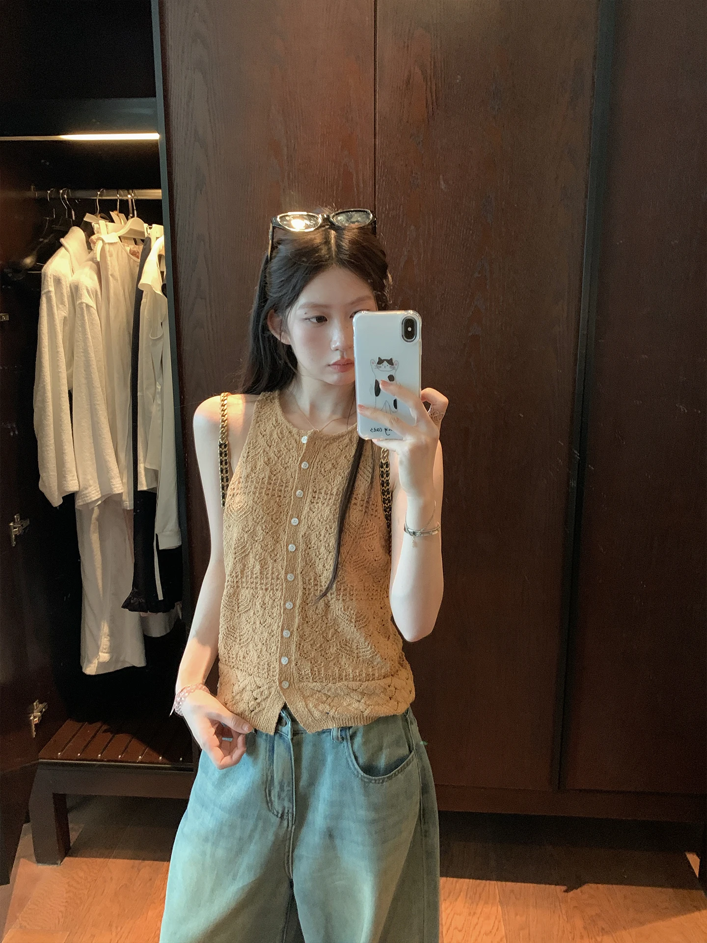 

Женский вязаный ажурный жилет с круглым вырезом, летняя верхняя одежда, тонкий прямой кардиган, однотонный, для повседневной носки