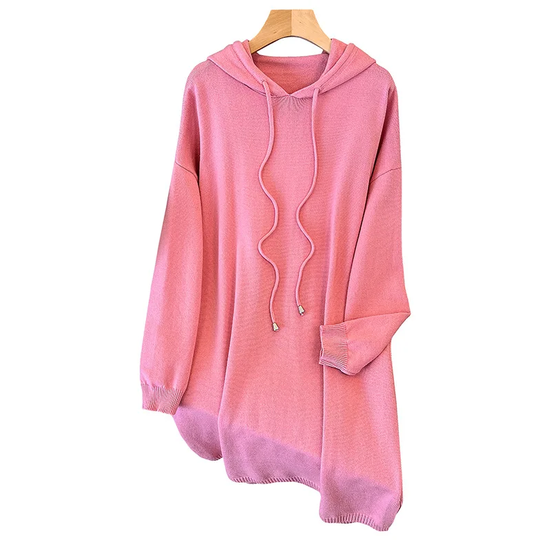 155Kg Plus Size Women\'s Bust 160 Spring Autumn New Loose Hooded A-Line Sweater Dress Black Pink 5XL 6XL 7XL 8XL 9XL 10XL