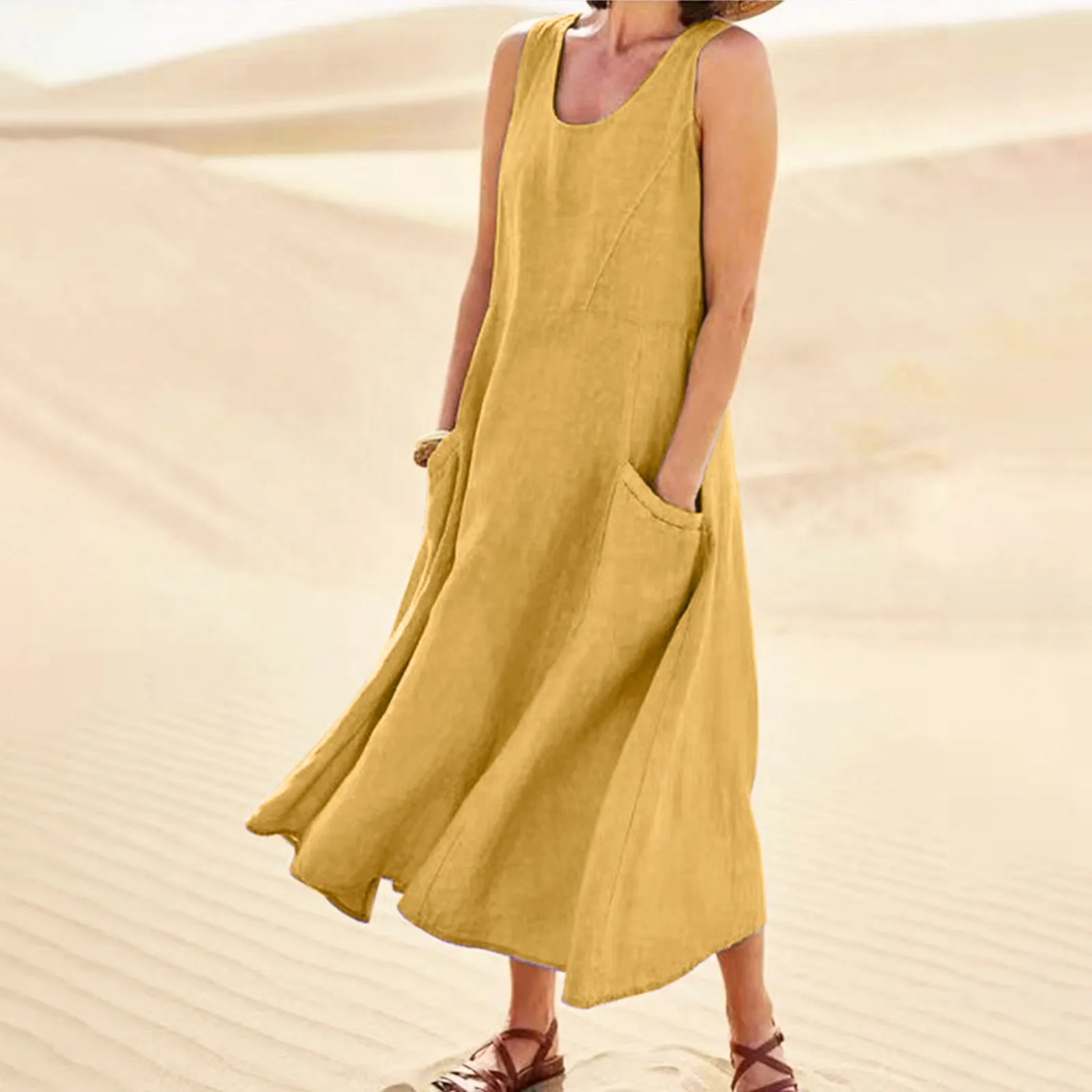 Lady Summer Ocean Holiday Style Solid Color Sleeveless Long Skirt Women Round Neck Pockets Casual Long Dress Daily Dress  ﻿