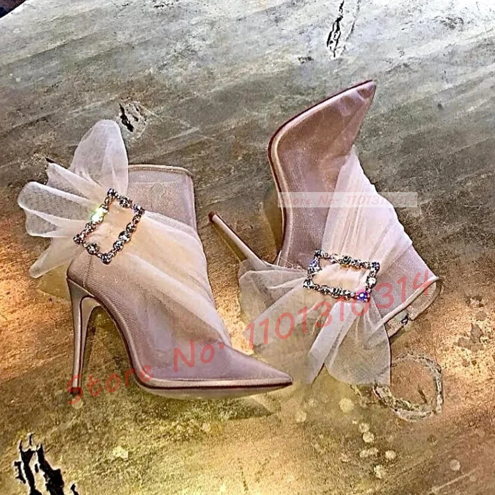 Botines con hebilla de cristal de malla Beige para mujer, zapatos de tacón alto a la moda para boda, botas elegantes transparentes para fiesta