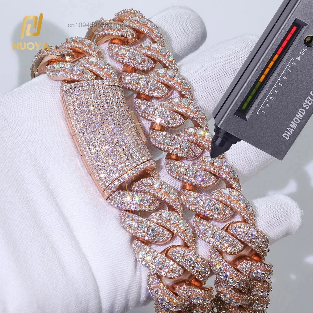 NUOYA Luxury 925 Silver Cuban Chain Necklace Women 22mm Three Row Iced Out VVS Moissanite Hip Hop Cuban Chain Jewelry Gift..