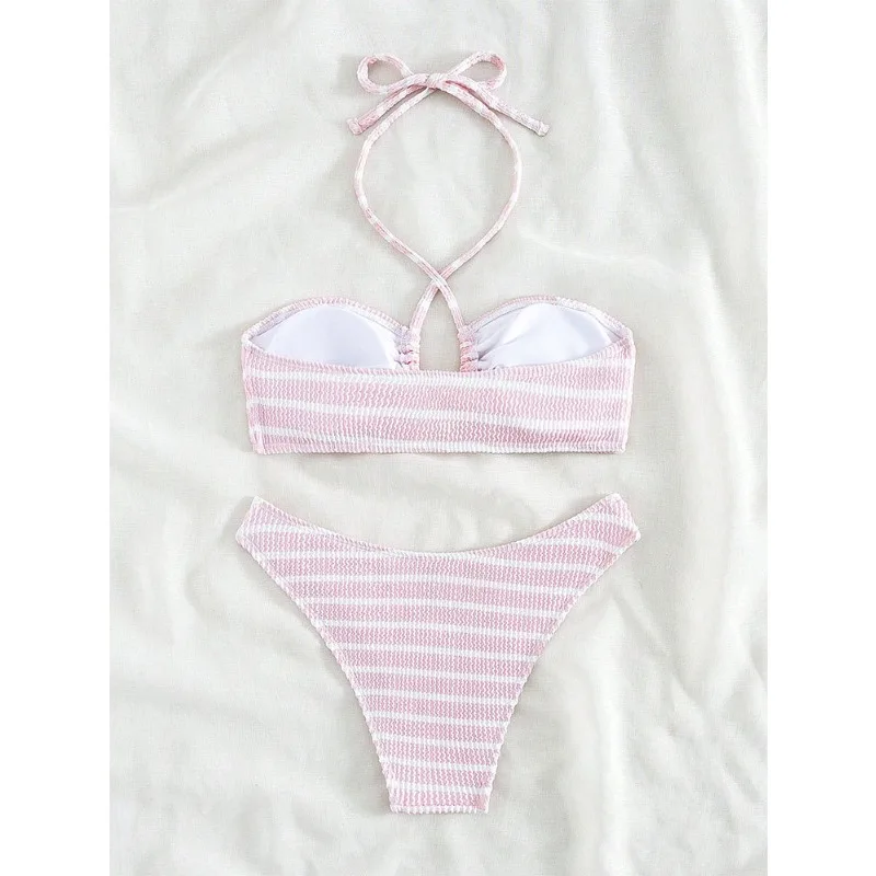 2025 novo rosa listrado doce maiô feminino praia férias sexy biquíni de três pontos split maiô chique roupas femininas verão