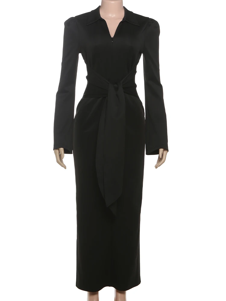 Sisterlinda Office Style Dress Women Shoulder Padded Zip Wrapped Bandage Full Sleeve Splits Elegant Solid Simple Long Bodycon