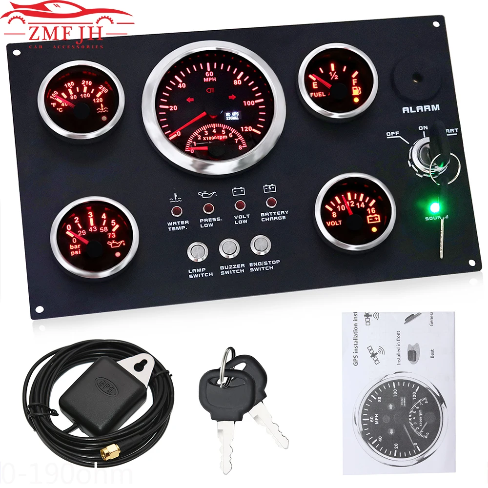 Red Light 120MPH GPS Speedometer+Tachometer+Water Temp+Fuel Level Meter+Voltmeter+Oil Pressure Gauge with Switch Panel for Boat