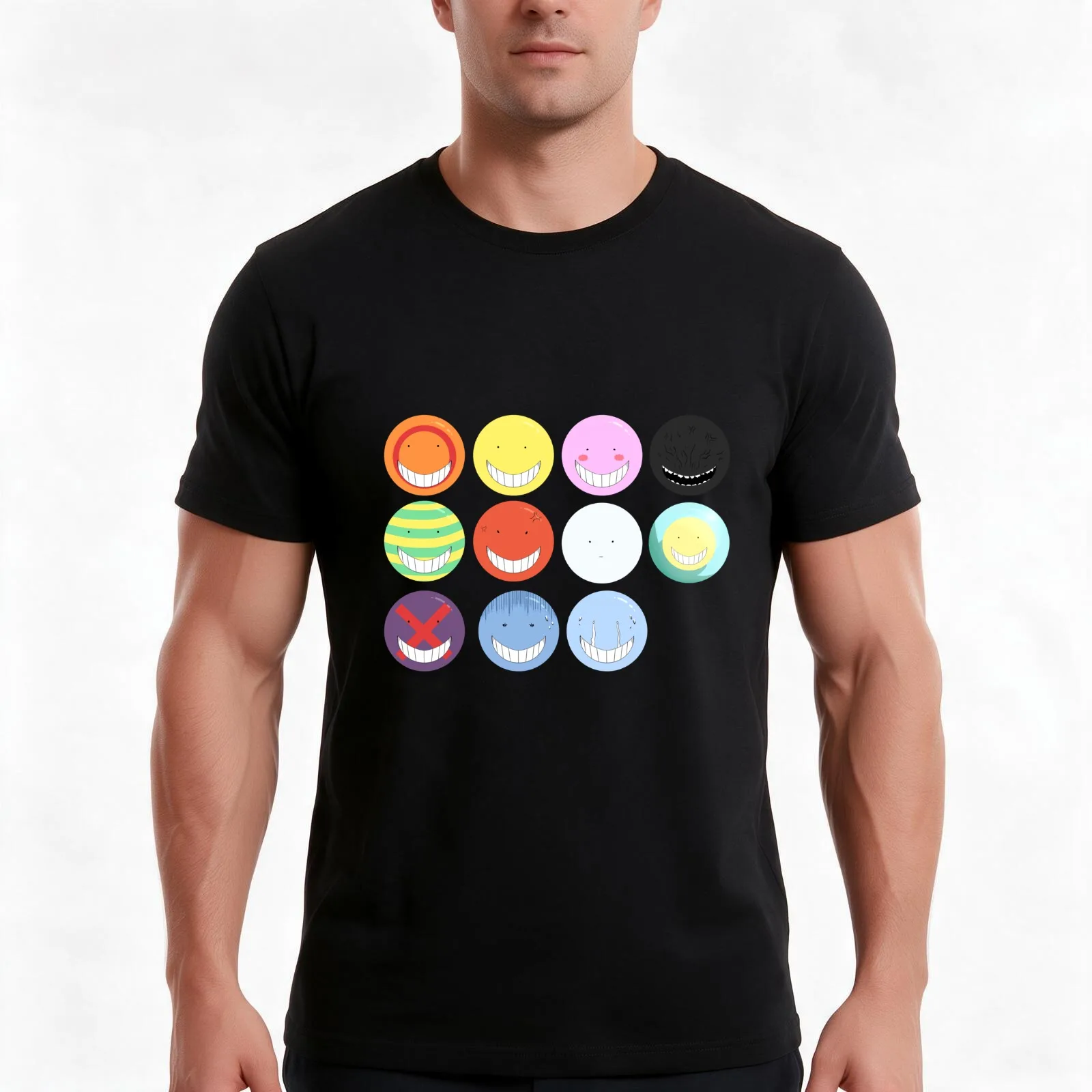 Koro Sensei Emote Page T-Shirt, Summer Casual Cotton Tee, Oversized Streetwear Tops, Vintage Graphic Print, Unisex Men Women